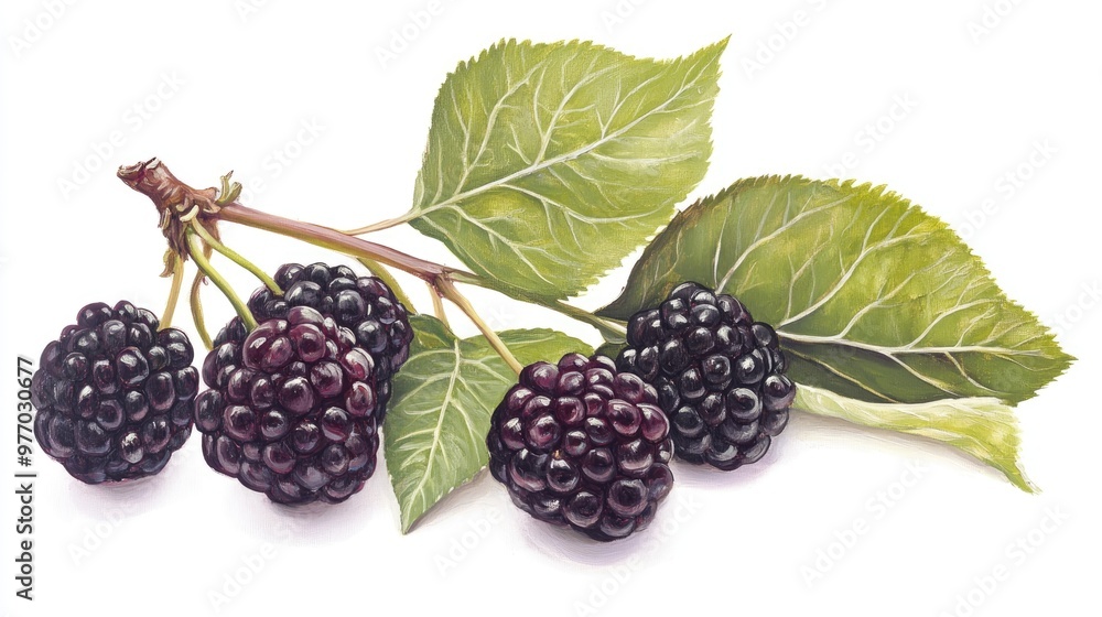 Oil painting of mulberry fruit with leaves on a white background featuring isolated leaves Oil painting of mulberry fruit with leaves on a white background featuring isolated leaves