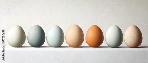 Fototapeta Naklejka Na Ścianę i Meble -  Eggs depicted in an oil painting against a white backdrop showcasing eggs in a minimalist style