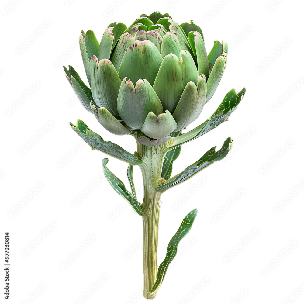 Single green artichoke standing upright on a pure white background Single green artichoke standing upright on a pure white background