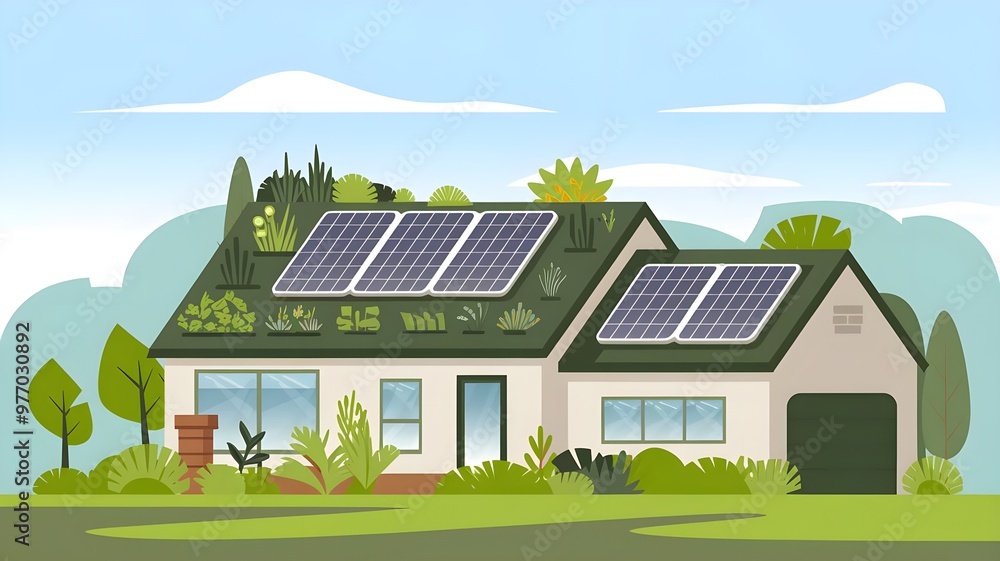 Fototapeta premium Eco-friendly house with solar panels surrounded by greenery, showcasing sustainable living and modern architecture.