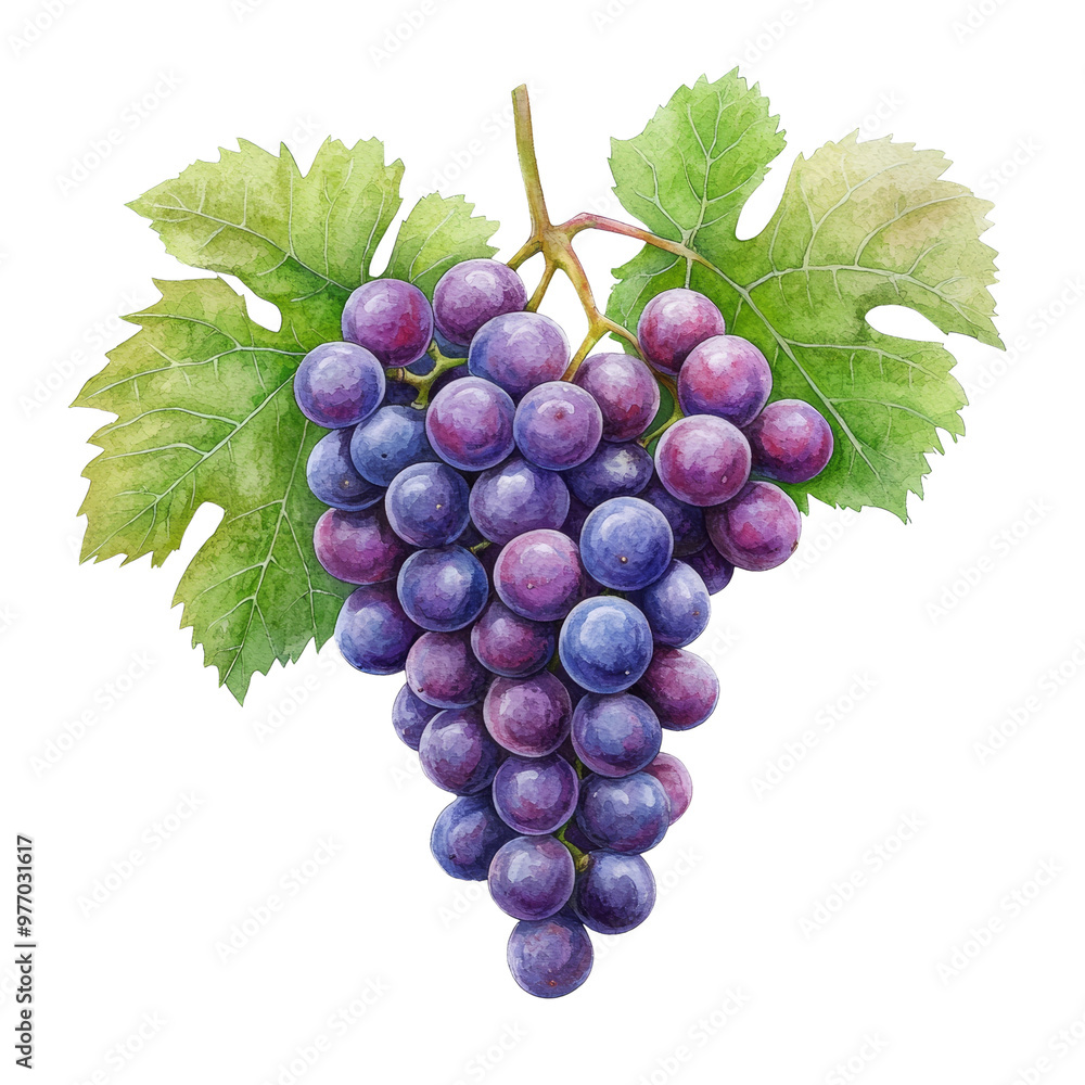 Fototapeta premium Cluster of ripe purple grapes with green leaves. Fresh fruit illustration.