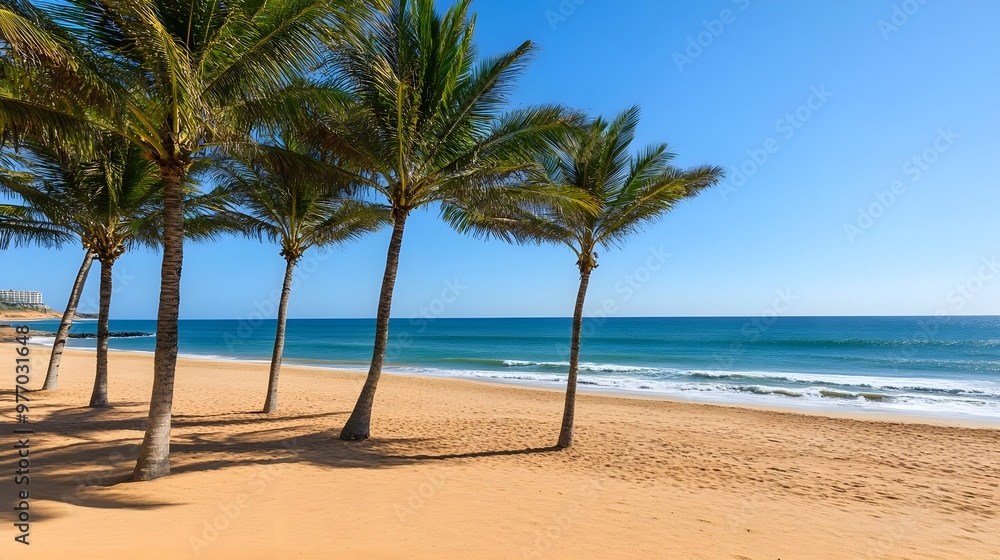 Serene beach scene with palm trees, golden sand, and a clear blue ocean under a bright sky, perfect for relaxation and leisure. Serene beach scene with palm trees, golden sand, and a clear blue ocean under a bright sky, perfect for relaxation and leisure.