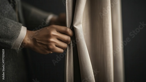 A person gently pulls aside a textured curtain, revealing intricate patterns and soft fabric, creating a warm and inviting atmosphere.