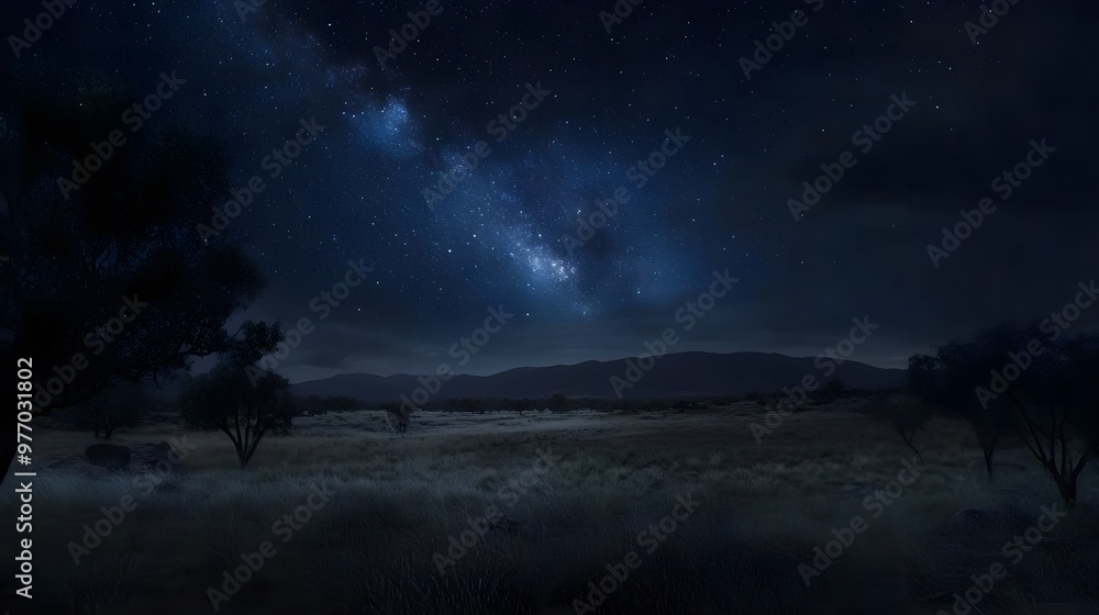 Naklejka premium Stunning night sky filled with stars and a glowing Milky Way over a serene landscape, evoking a sense of wonder and tranquility.