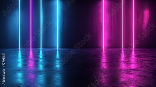 Wallpaper Mural Abstract Neon Background with Glowing Blue and Purple Lines on Dark Floor Reflecting on Concrete Wall Torontodigital.ca