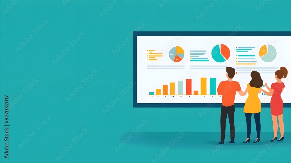 Team collaborating on data analysis in a modern office setting, exploring statistical charts and graphs on a presentation screen. Team collaborating on data analysis in a modern office setting, exploring statistical charts and graphs on a presentation screen.
