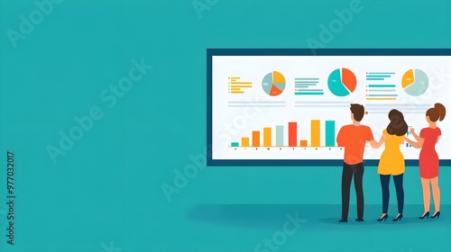 Team collaborating on data analysis in a modern office setting, exploring statistical charts and graphs on a presentation screen.