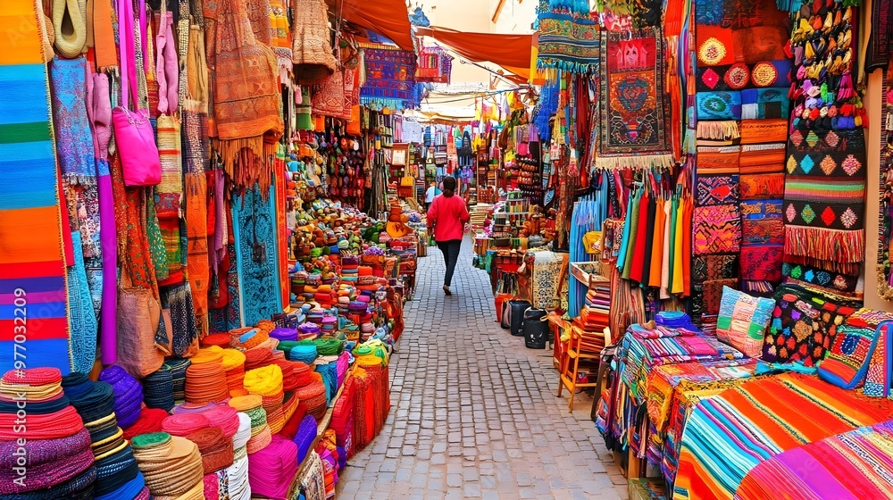 Fototapeta premium Vibrant market scene filled with colorful textiles and handicrafts, showcasing the rich culture and artistry of local vendors.