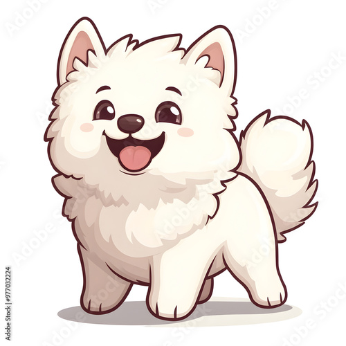 Playful and Happy Samoyed Puppy with Wagging Tail in Cartoon Style with Pastel Colors on White Background