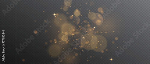 The light of gold dust. A stunning bokeh light effect background png. A gorgeous Christmas glowing dust background. A beautiful yellow flickering glow with confetti bokeh light and particle motion.
