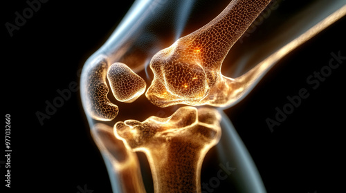 3d rendering of a human knee joint showing bones with an orange glow on a black background