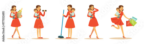 Woman Housewife Engaging in Different Domestic Works Vector Illustrations Set