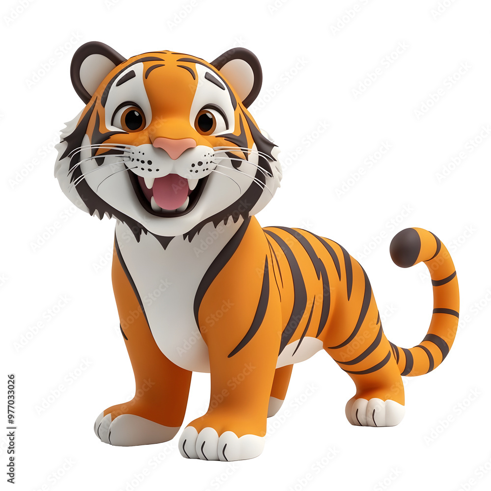 A Playful Bengal Tiger With Wagging Tail in Pastel 3D Render on White Background A Playful Bengal Tiger With Wagging Tail in Pastel 3D Render on White Background