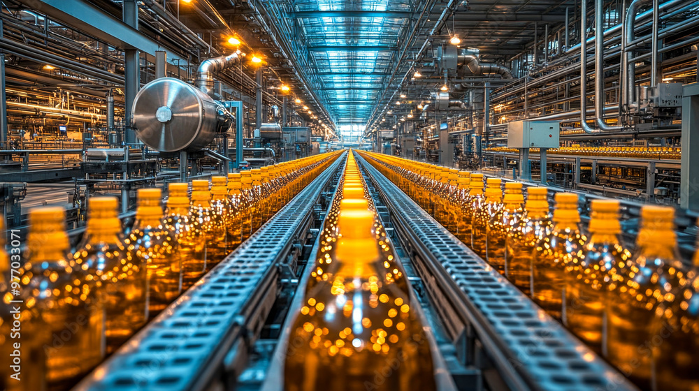 Naklejka premium Bottles filled with orange liquid moving on a production line in a state-of-the-art factory