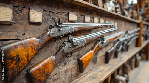 Ornately engraved hunting guns are displayed on a wooden wall, showcasing the craftsmanship of a bygone era