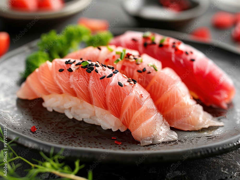 Hamachi yellowtail nigiri sushi on rice, Japanese cuisine delicacy on a dark background Hamachi yellowtail nigiri sushi on rice, Japanese cuisine delicacy on a dark background
