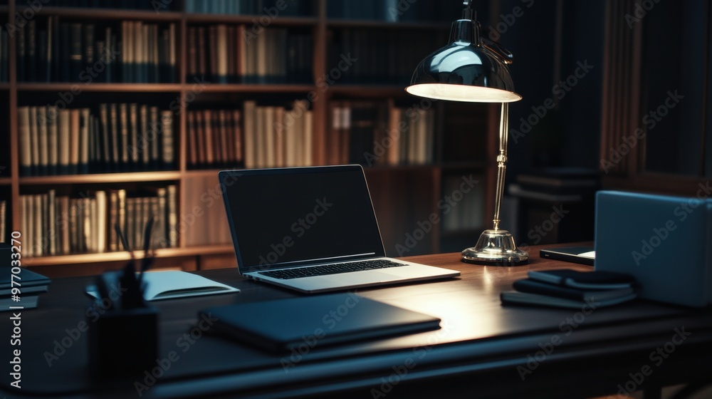 A laptop computer sitting on a desk in front of bookshelves, AI A laptop computer sitting on a desk in front of bookshelves, AI