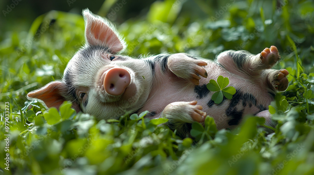 Spotted piglet is rolling happily in a patch of clover Spotted piglet is rolling happily in a patch of clover