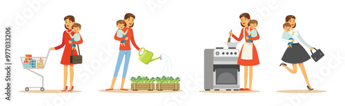 Woman Housewife Engaging in Different Domestic Works Vector Illustrations Set