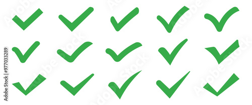 Green check mark icon set. Check marks symbol collection. Tick symbol in green color. Hand-drawn checkmark illustration. Accept okay symbol for approval or checklist design.