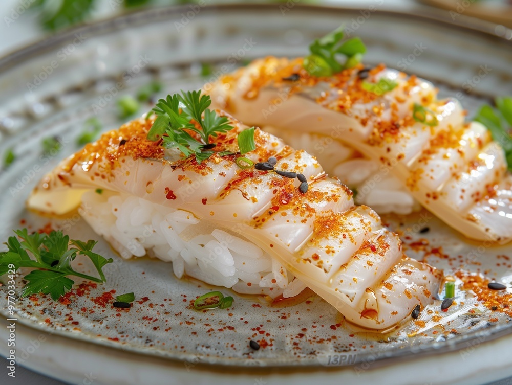 Hokkigai Nigiri, surf clam sushi on rice, traditional Japanese sushi on ceramic plate, close up photo with dark background Hokkigai Nigiri, surf clam sushi on rice, traditional Japanese sushi on ceramic plate, close up photo with dark background