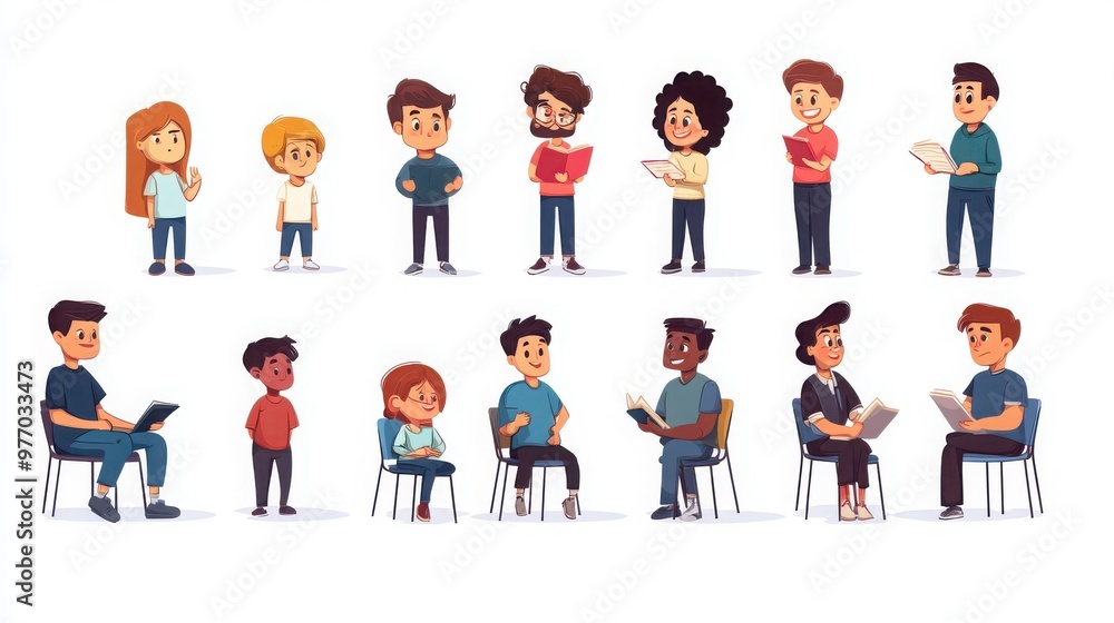 Characters of teachers mentoring students one-on-one, showing emotions like guidance, patience, and encouragement, white background Characters of teachers mentoring students one-on-one, showing emotions like guidance, patience, and encouragement, white background