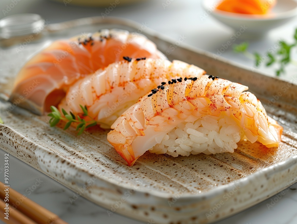 Hokkigai Nigiri, surf clam sushi on rice, traditional Japanese sushi on ceramic plate, close up photo with light background Hokkigai Nigiri, surf clam sushi on rice, traditional Japanese sushi on ceramic plate, close up photo with light background