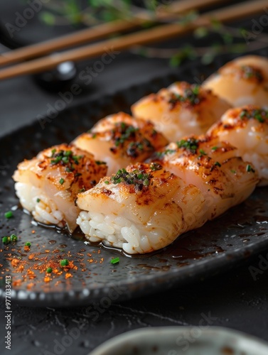 Hokkigai Nigiri, surf clam sushi on rice, classic Nigiri on ceramic plate, close up photo with noble background photo