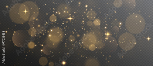 The light of gold dust. A stunning bokeh light effect background png. A gorgeous Christmas glowing dust background. A beautiful yellow flickering glow with confetti bokeh light and particle motion.