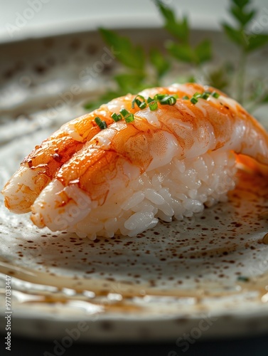 Hokkigai Nigiri, surf clam sushi on rice, traditional Japanese sushi on ceramic plate, close up photo with light background photo