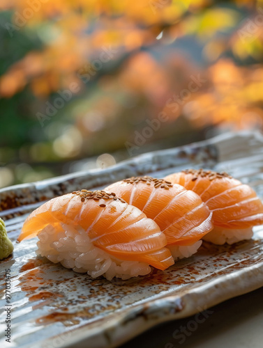 Hokkigai Nigiri, surf clam sushi on rice, traditional Japanese sushi on ceramic plate, close up photo with light background photo