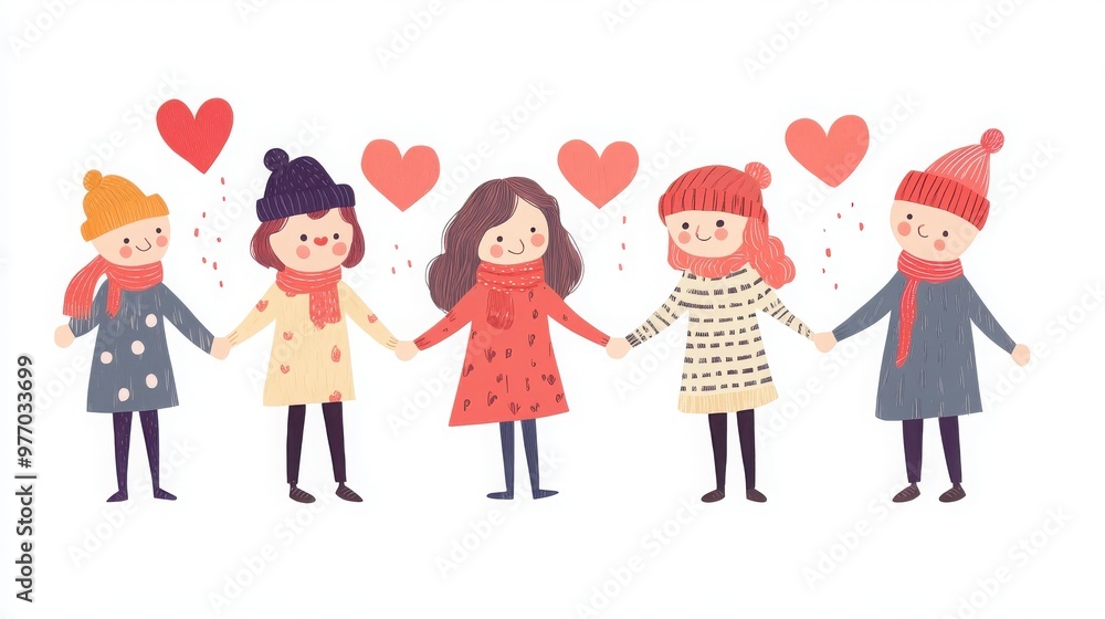 Characters representing love and joy, holding hands and sharing moments of happiness and connection, white background Characters representing love and joy, holding hands and sharing moments of happiness and connection, white background