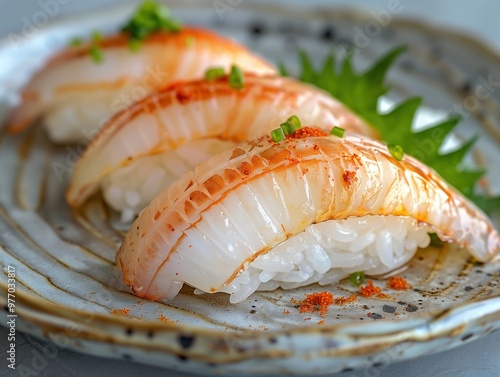 Nigiri Akagai dark background, Seared Ark shell clam, Japanese Nigiri close up photo