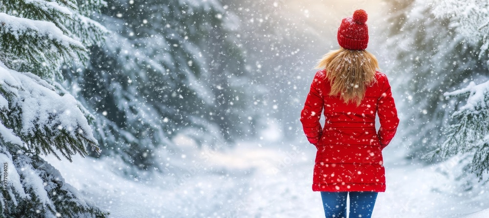Red Winter Coat, Snowfall, and Forest Serenity A Womans Tranquil Walk Through Frosty Nature Red Winter Coat, Snowfall, and Forest Serenity A Womans Tranquil Walk Through Frosty Nature