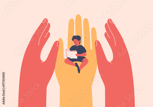 Three human hands surrounded boy reading book with kindness. Healthcare support and shield children's rights in society. Adults taking care about kids. Social protection and education for kids. Vector