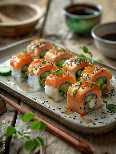 Sushi plate with Dragon Roll, eel, cucumber, and avocado topped with unagi sauce on a light background