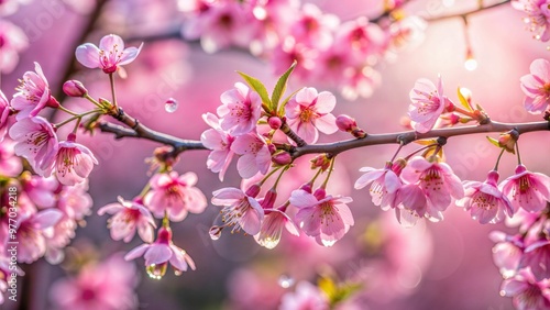 Beautiful cherry blossom branches with pink flowers and dew drops in soft sunlight