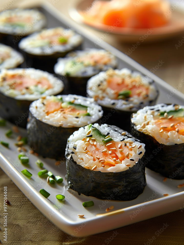Traditional Futomaki roll with vegetables and omelette on a rustic background, close up Traditional Futomaki roll with vegetables and omelette on a rustic background, close up