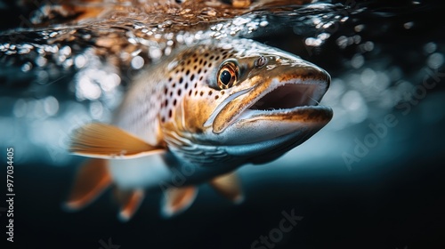 This image captures a trout fish beneath the water surface with remarkable detail, showcasing its vibrant colors and the purity of its natural aquatic environment.