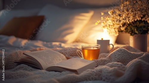 A cozy bed with soft pillows, a book, and a cup of tea, creating a relaxing atmosphere perfect for winding down at the end of the day.