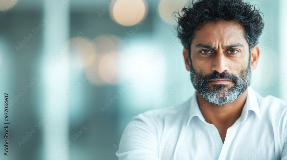 Intense portrait of a mature man with wavy hair and a full beard, wearing a white shirt, exuding focus and determination in a corporate setting with bokeh lights. Intense portrait of a mature man with wavy hair and a full beard, wearing a white shirt, exuding focus and determination in a corporate setting with bokeh lights.