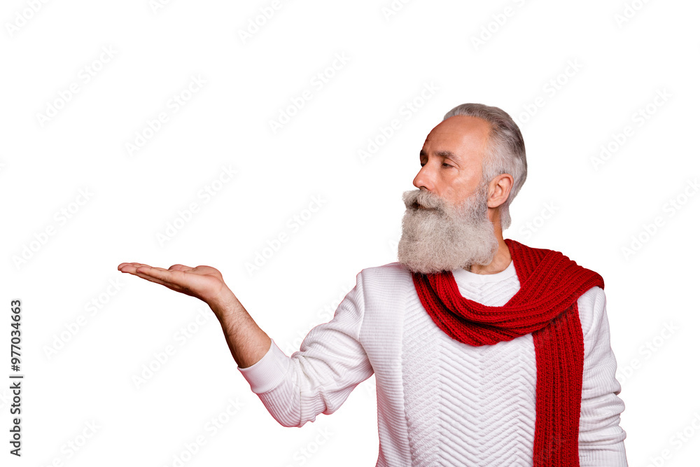 Profile side photo of classy pensioner with gray hair look at copyspace promo wearing white pullover isolated over red background Profile side photo of classy pensioner with gray hair look at copyspace promo wearing white pullover isolated over red background