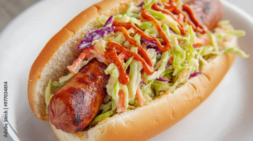 Grilled Sausage with Coleslaw on a Bun Grilled Sausage with Coleslaw on a Bun