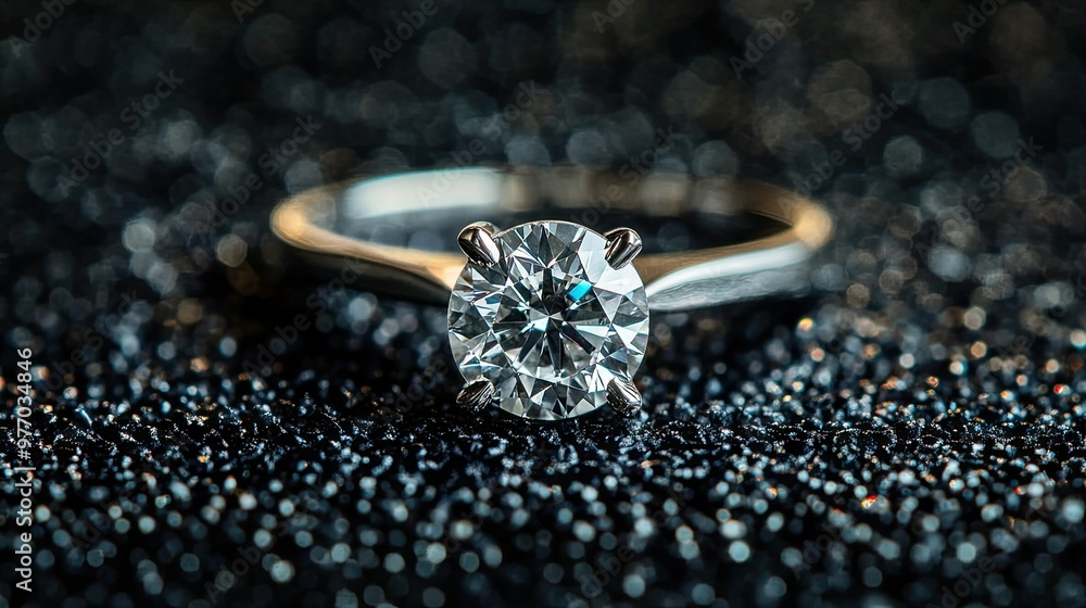 A detailed shot of a diamond engagement ring in a classic solitaire setting, placed on a glossy black surface to emphasize its brilliance. A detailed shot of a diamond engagement ring in a classic solitaire setting, placed on a glossy black surface to emphasize its brilliance.