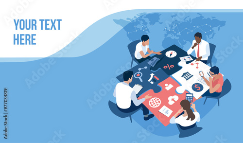 Solution. Solving the problem. Business template vector illustration. The team discusses the project around a puzzle-shaped table. 