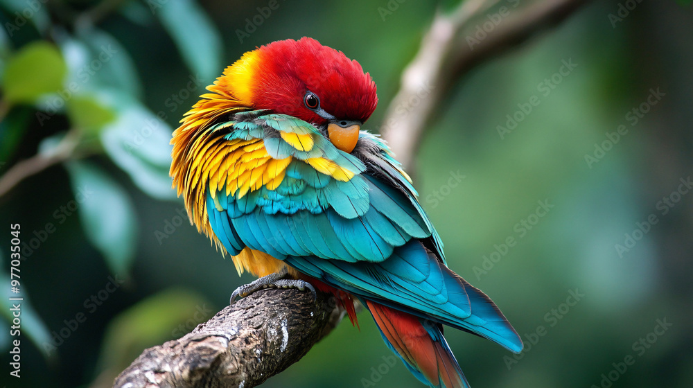 Fototapeta premium A colorful bird preening its feathers on a perch.