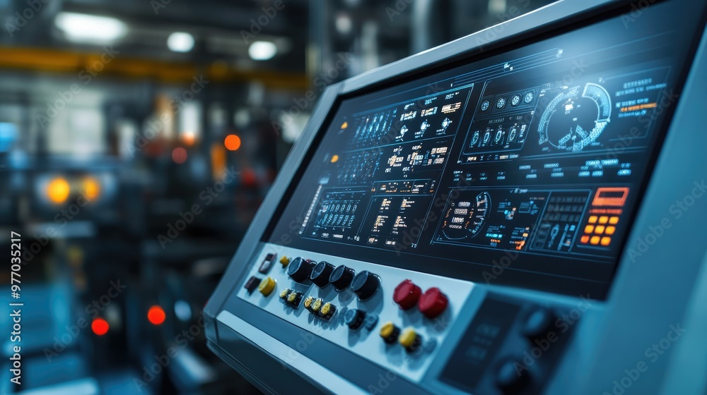 A digital machine control panel in a modern factory, featuring a large touchscreen interface and a variety of control options. A digital machine control panel in a modern factory, featuring a large touchscreen interface and a variety of control options.