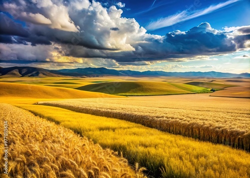 Golden wheat fields transitioning from Kansas-style flat fields to Tibetan-style steppe farming highlight the contrasting agricultural practices between ksf and tsf landscapes. photo