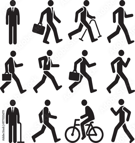 Man stands, walk and run icon set. People symbol. Person standing, walking and running illustration. Run, walk, stand. Vector illustration.generative ai