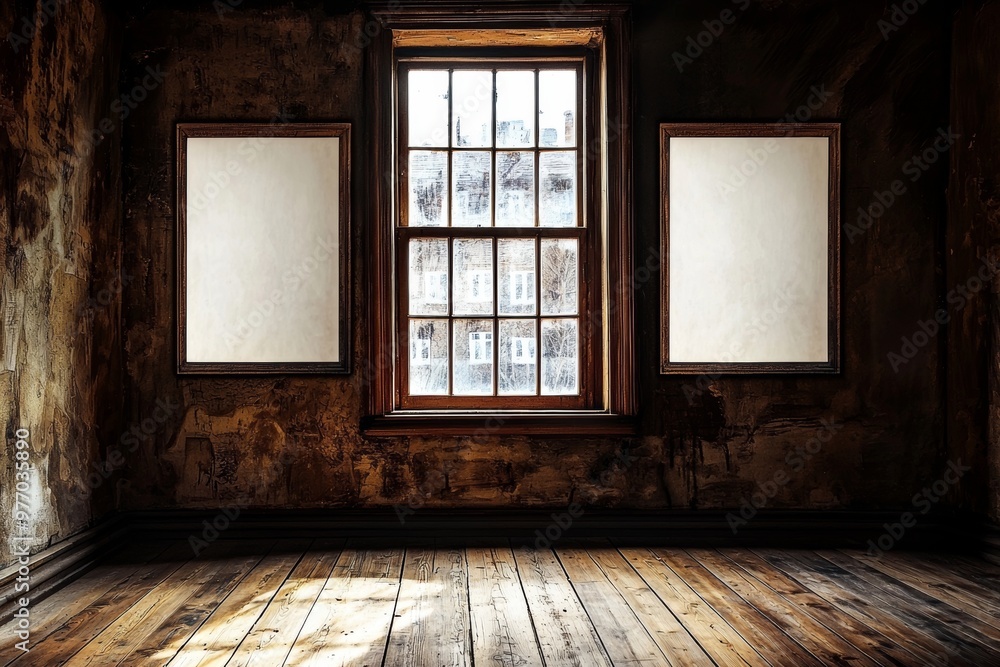 The living room is dark blue without windows, the floor is parquet and mockup posters hang on the walls The living room is dark blue without windows, the floor is parquet and mockup posters hang on the walls
